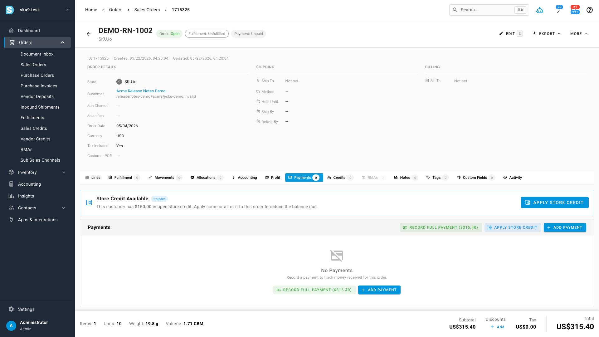 The sales order Payments tab, showing a Store Credit Available banner with the customer's total open balance and an Apply Store Credit button