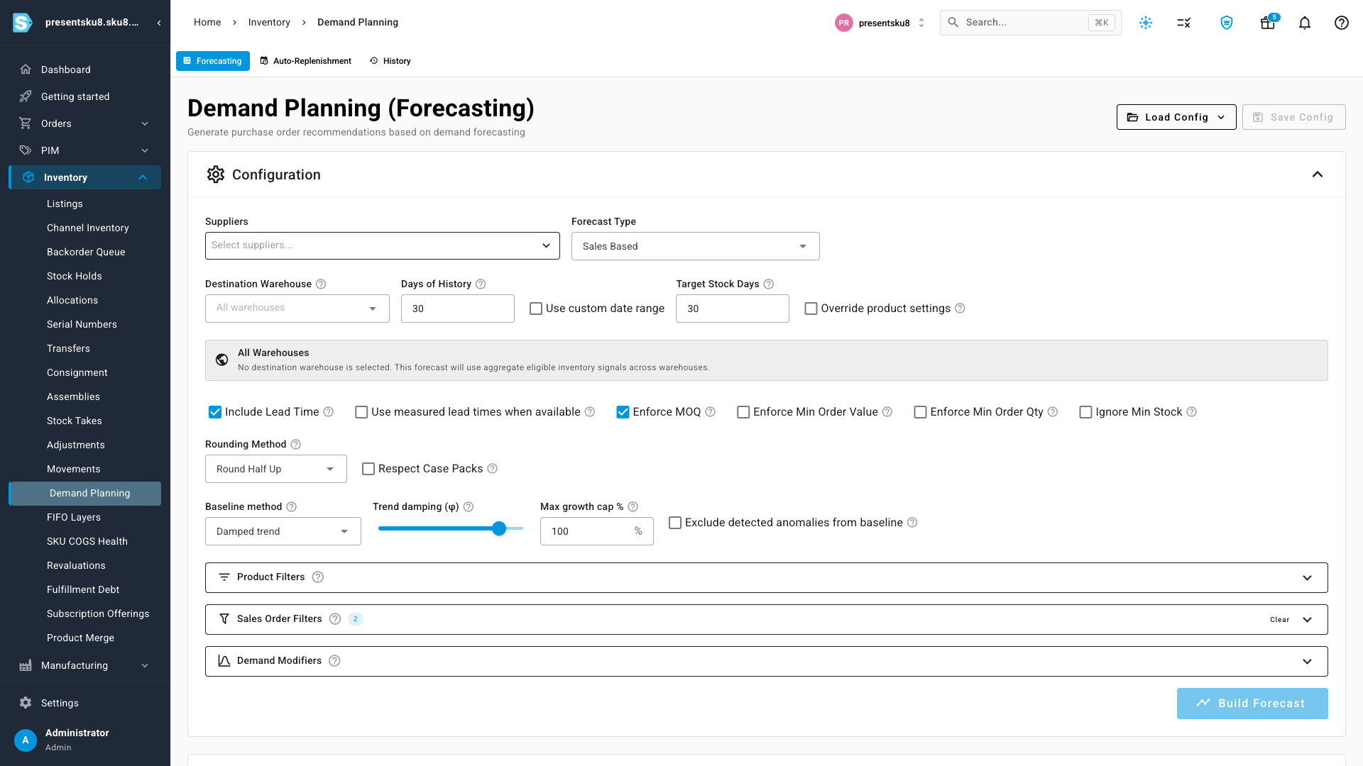 The demand-planning configuration with a new Baseline method selector set to "Damped trend", showing the Trend damping slider, a Max growth cap, and an "Exclude detected anomalies from baseline" option