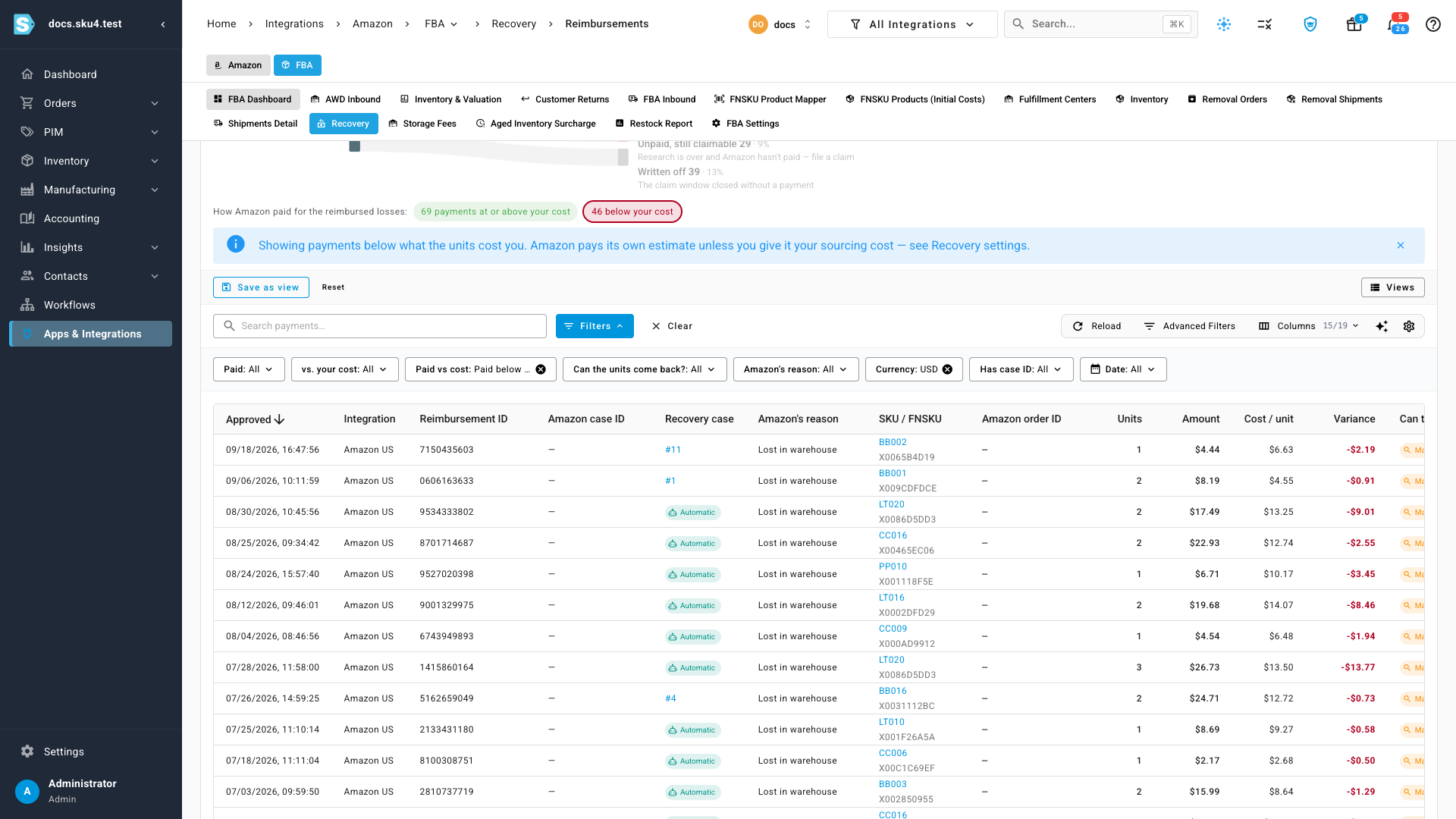 Payments filtered to those below cost, with the cost and variance columns