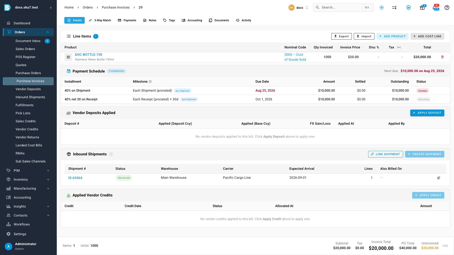 The linked shipment on the bill's Inbound Shipments card