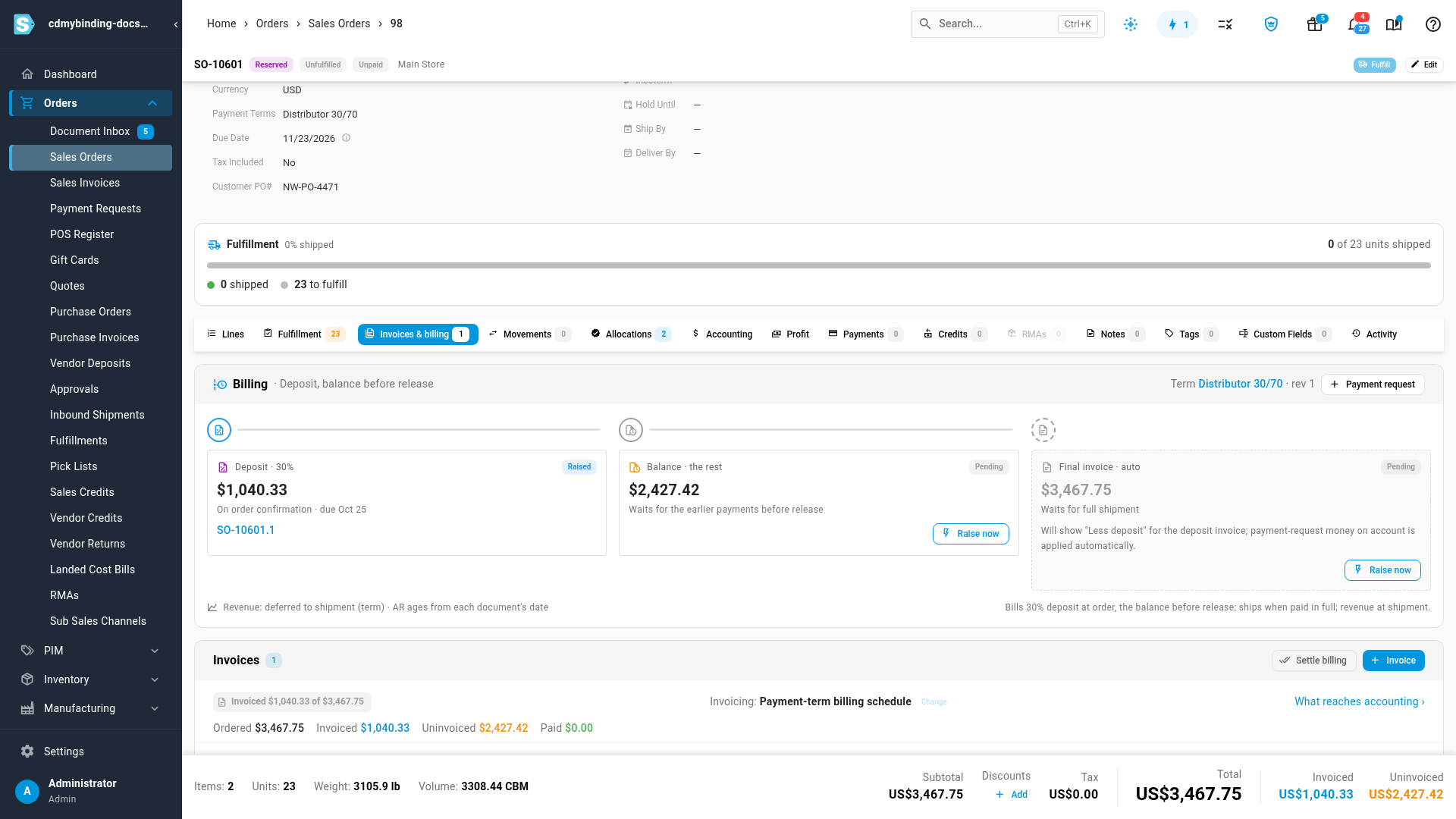 The Billing panel: the deposit raised, the balance waiting, the final invoice to come