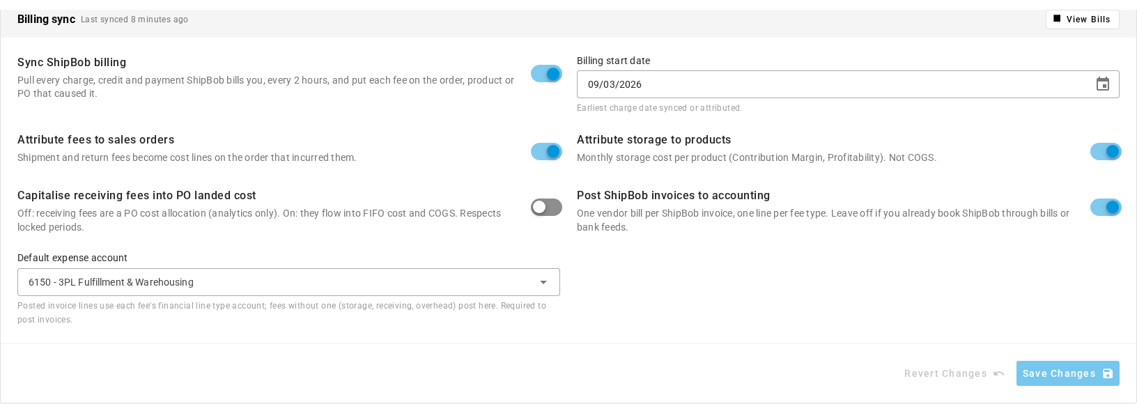 The Billing sync card with Sync ShipBob billing on, a billing start date, the attribution switches, Post ShipBob invoices to accounting on, and a default expense account selected
