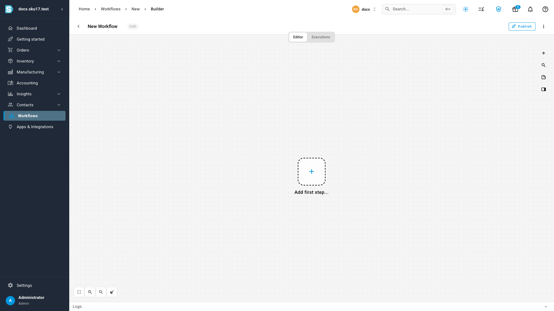 The workflow builder with an empty canvas and the Add first step prompt