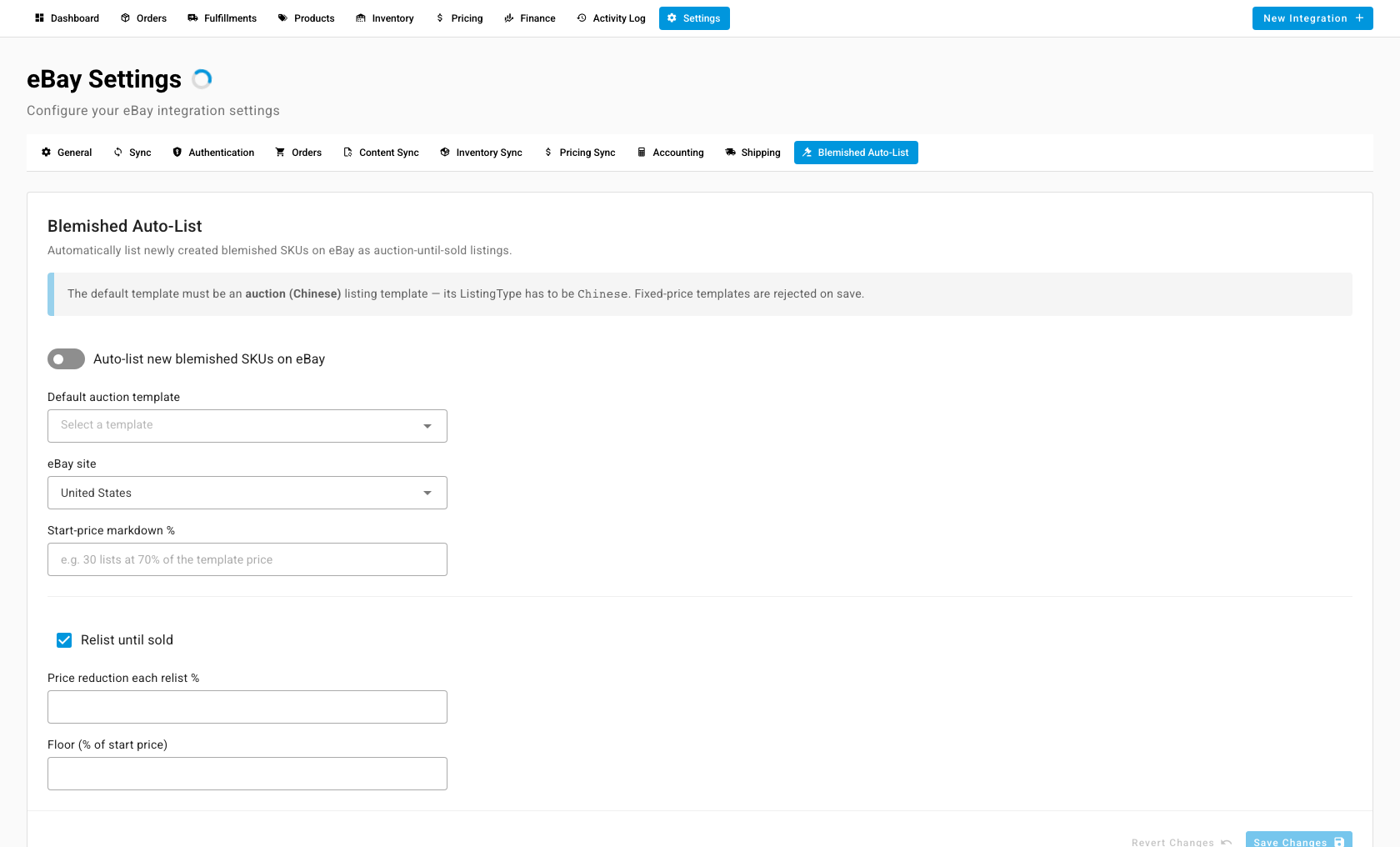 The Blemished Auto-List tab in eBay Settings, with the auto-list switch, default auction template, eBay site, start-price markdown and relist settings