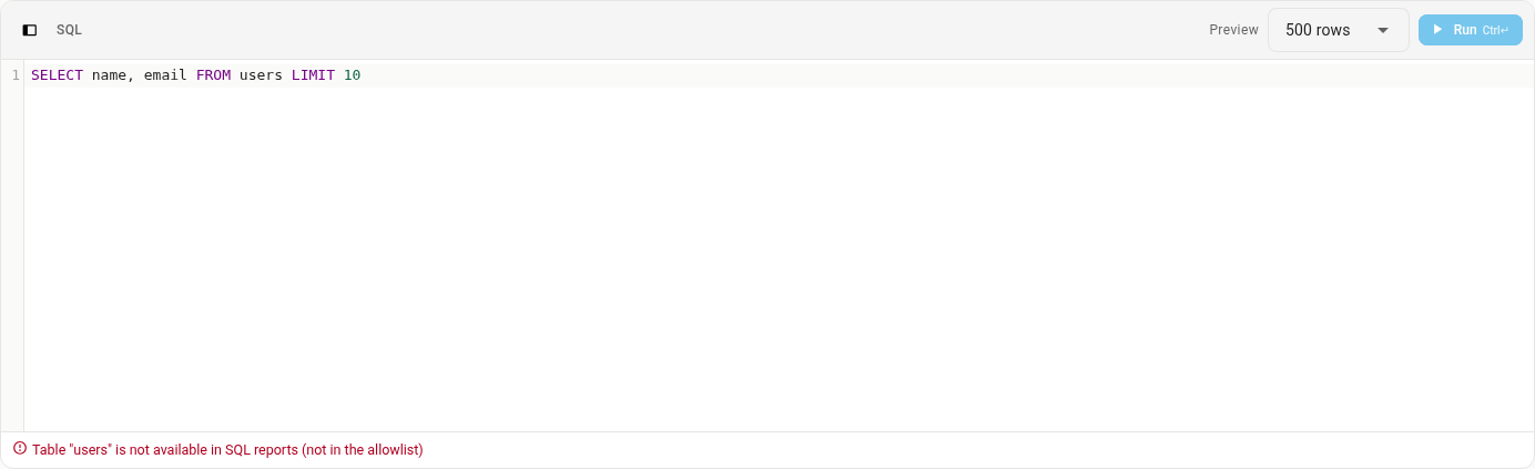 The SQL editor with a query against the users table, the error saying the users table isn't available in SQL reports, and the Run button greyed out