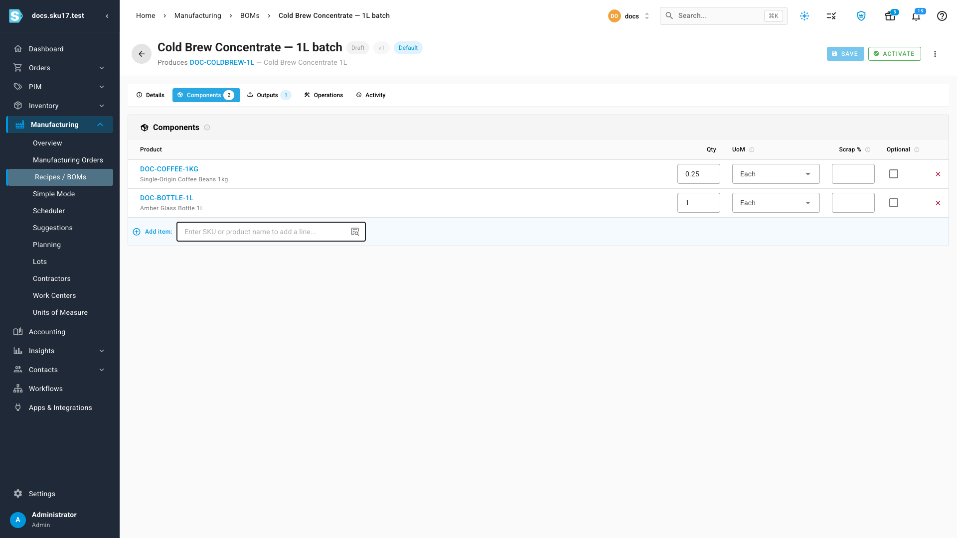 The BOM's Components tab — DOC-COFFEE-1KG at 0.25 Each and DOC-BOTTLE-1L at 1 Each, with Qty, UoM, Scrap % and Optional columns