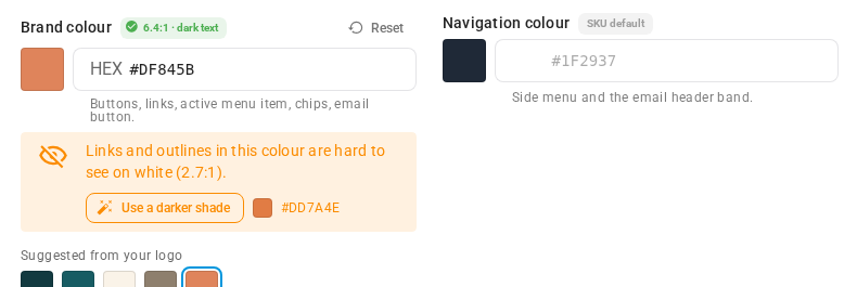 The warning for a brand colour that is too light, with Use a darker shade