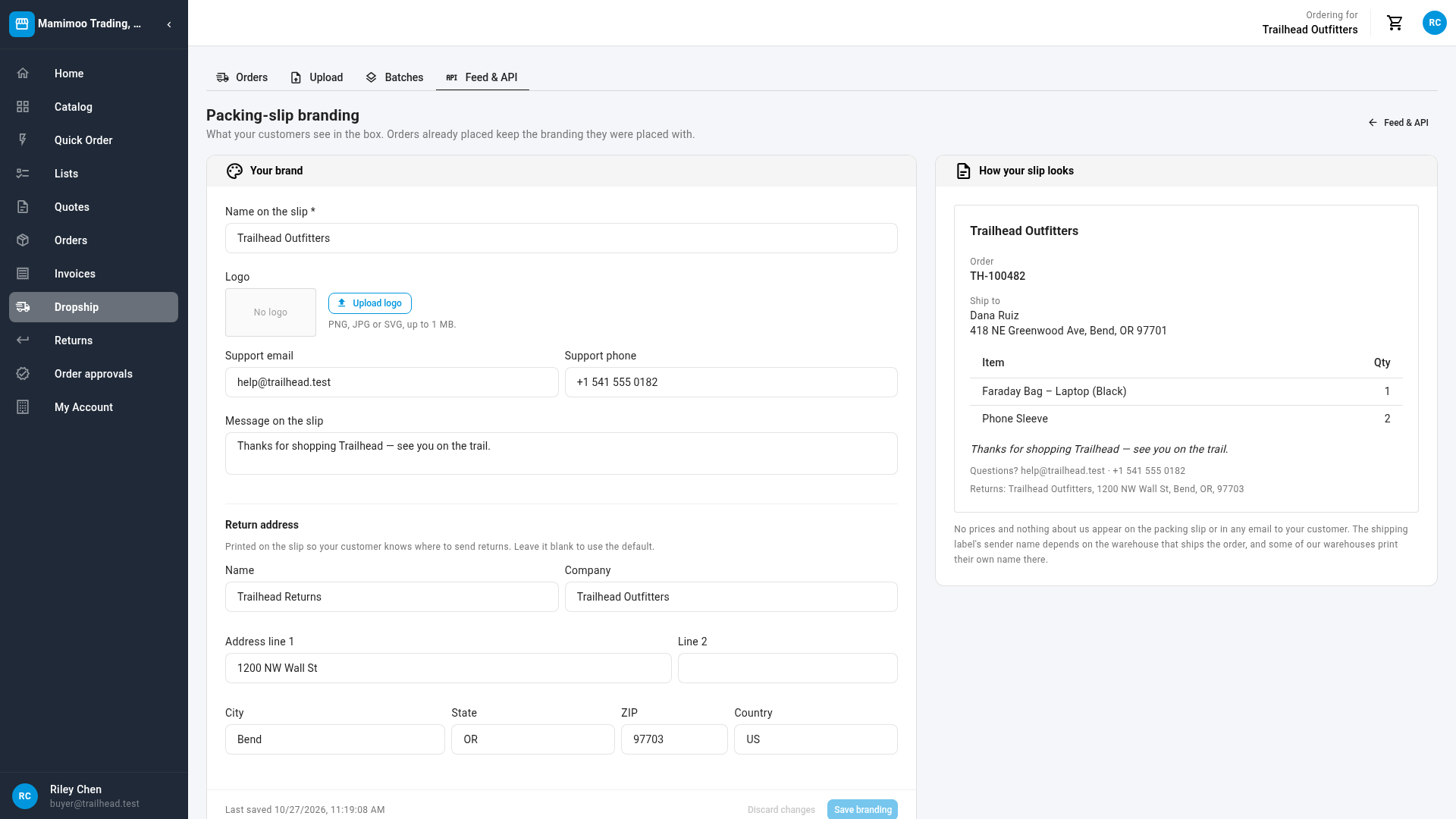 The Packing-slip branding page with the slip preview
