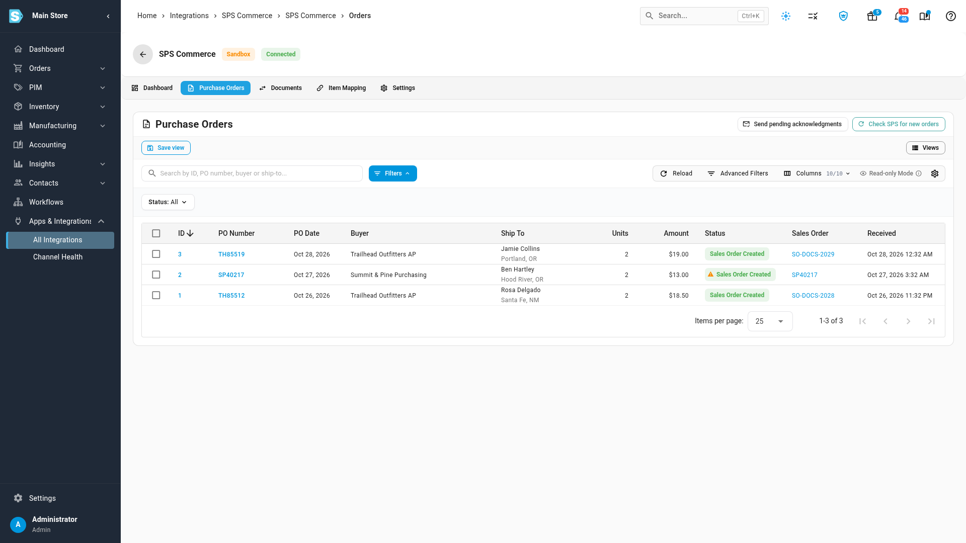 The Purchase Orders tab, where a dropship purchase order from an unmapped trading partner shows a warning icon on its status
