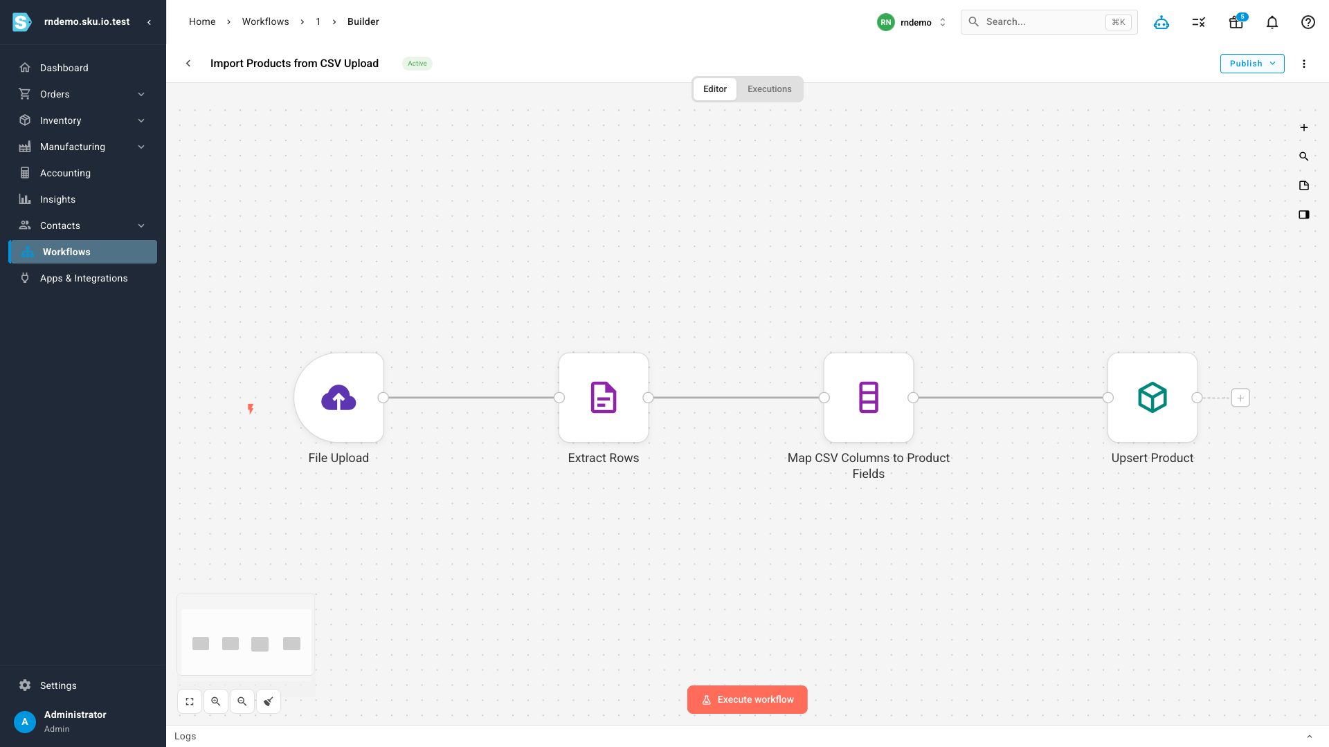 The workflow builder canvas showing a published CSV product import flowing from File Upload through Extract Rows and column mapping to Upsert Product