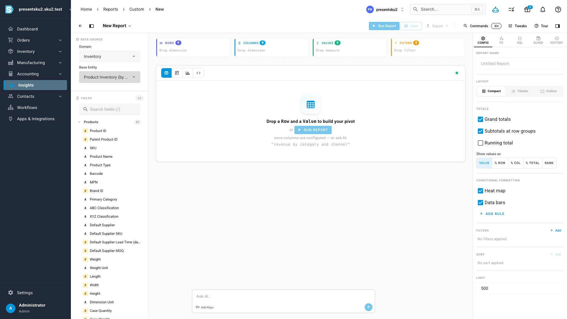 The report builder showing the data-source picker, searchable field catalog, and the rows/columns/values/filters shelves