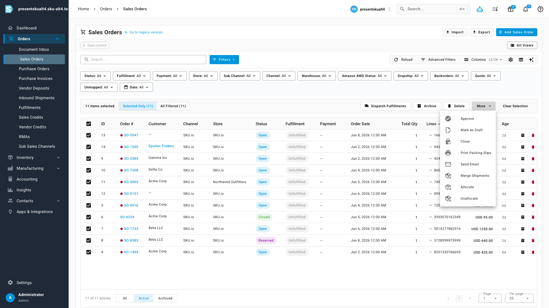 The Send Email bulk action on the Sales Orders list