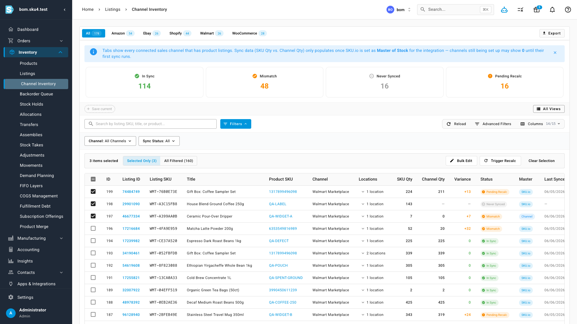 Three listings selected in Channel Inventory with a bulk action bar offering Bulk Edit and Trigger Recalc, plus Selected Only and All Filtered scope options