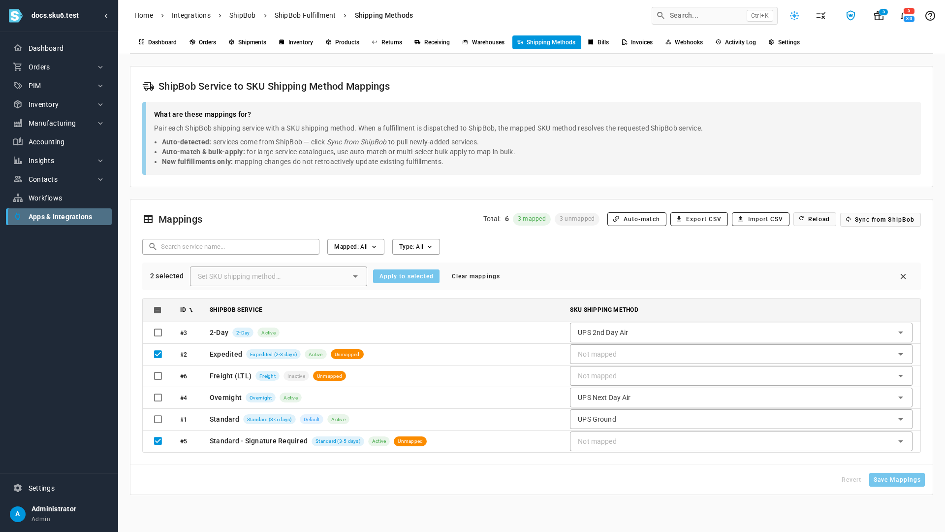 Two services selected, with the bulk bar showing 2 selected, Set SKU shipping method, Apply to selected, and Clear mappings