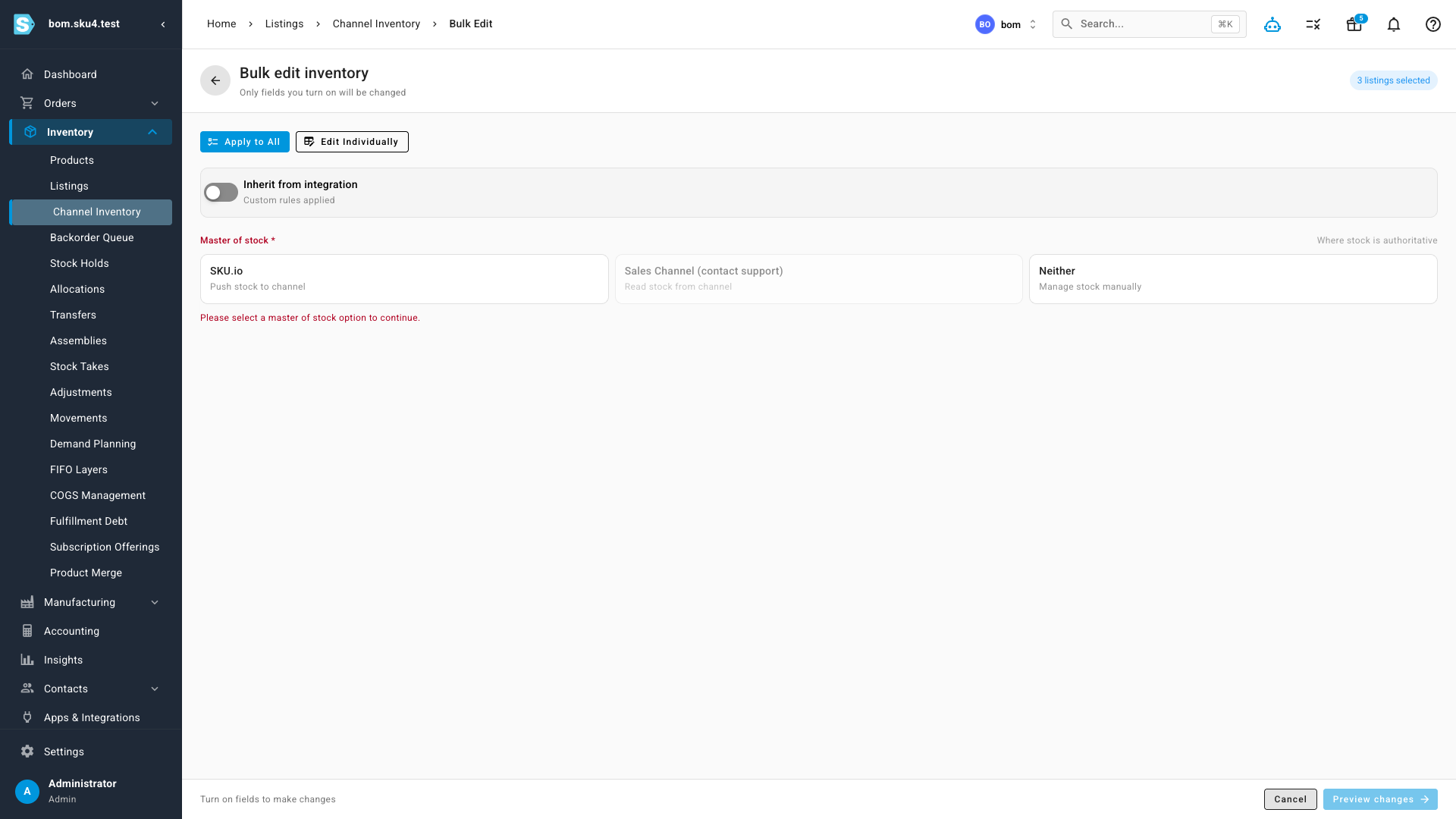 The Bulk edit inventory screen for three selected listings, with an Inherit from integration toggle and a master-of-stock choice between SKU.io, Sales Channel, and Neither