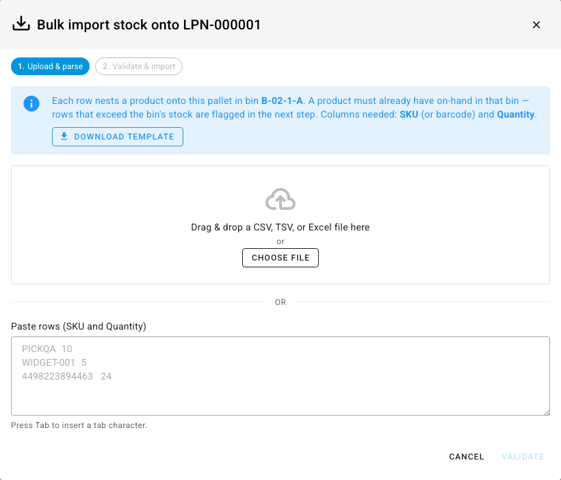 The Bulk import dialog for an LPN