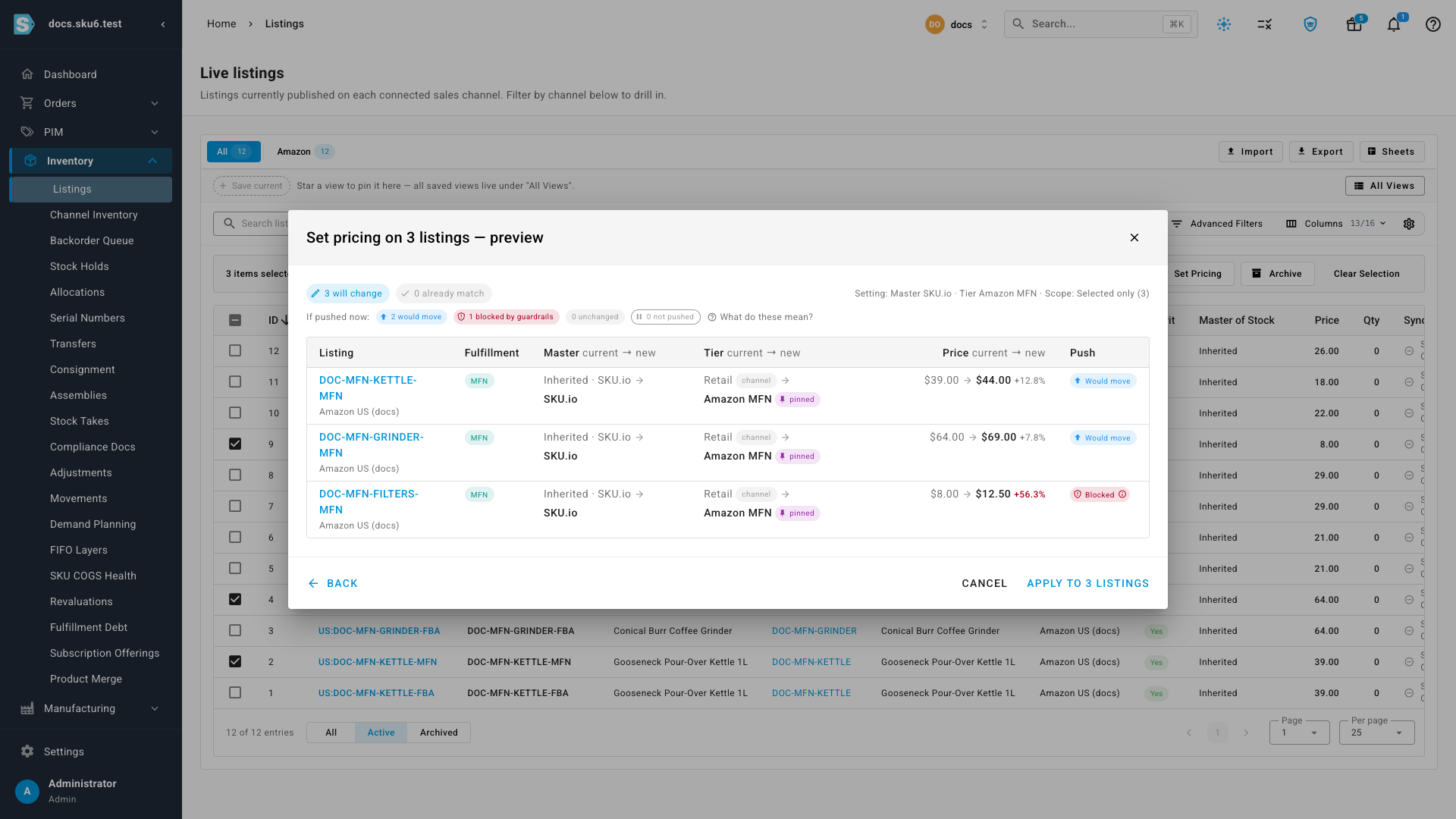 The Set pricing preview dialog: three MFN listings moving from inherited Retail to a pinned Amazon MFN tier, two would move and one blocked by the price floor