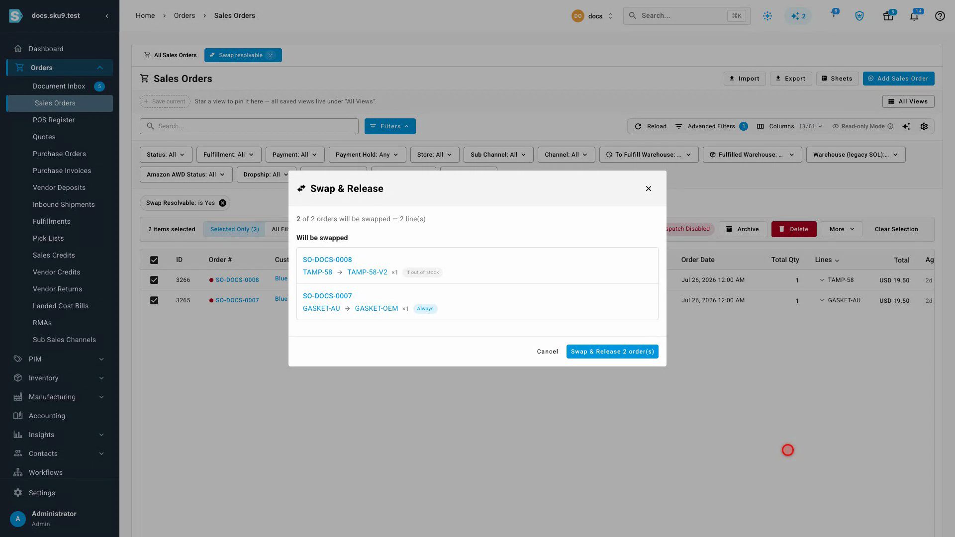 The Swap & Release confirmation previewing each planned swap before anything runs
