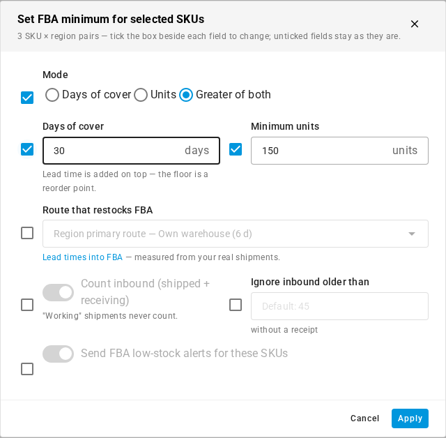 The bulk Set FBA minimum dialog with the mode, days of cover and minimum units ticked