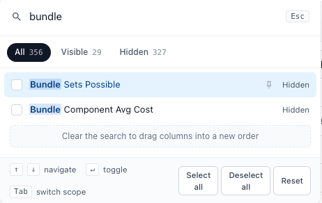 The column picker searched for bundle, showing Bundle Sets Possible and Bundle Component Avg Cost, both hidden