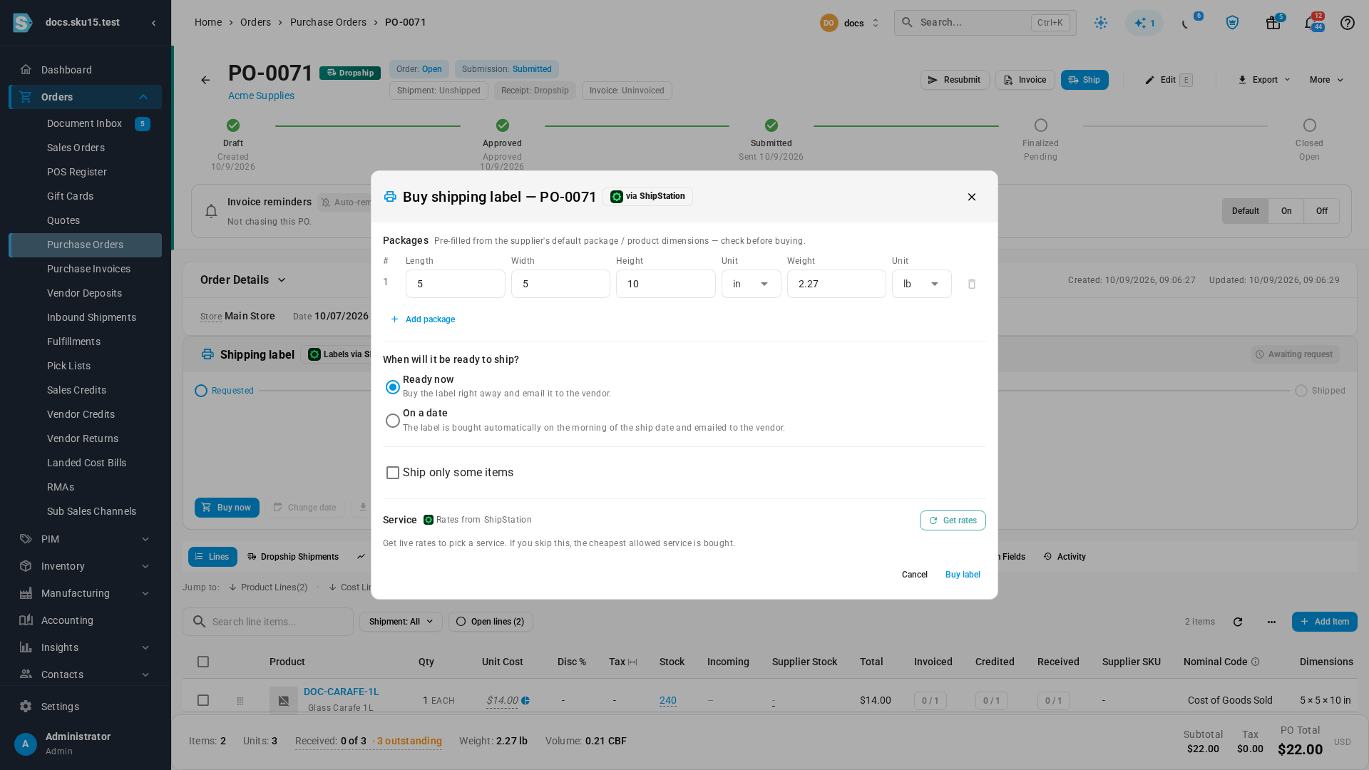 The Buy shipping label dialog via ShipStation with one package, Ready now selected, and Get rates beside Rates from ShipStation