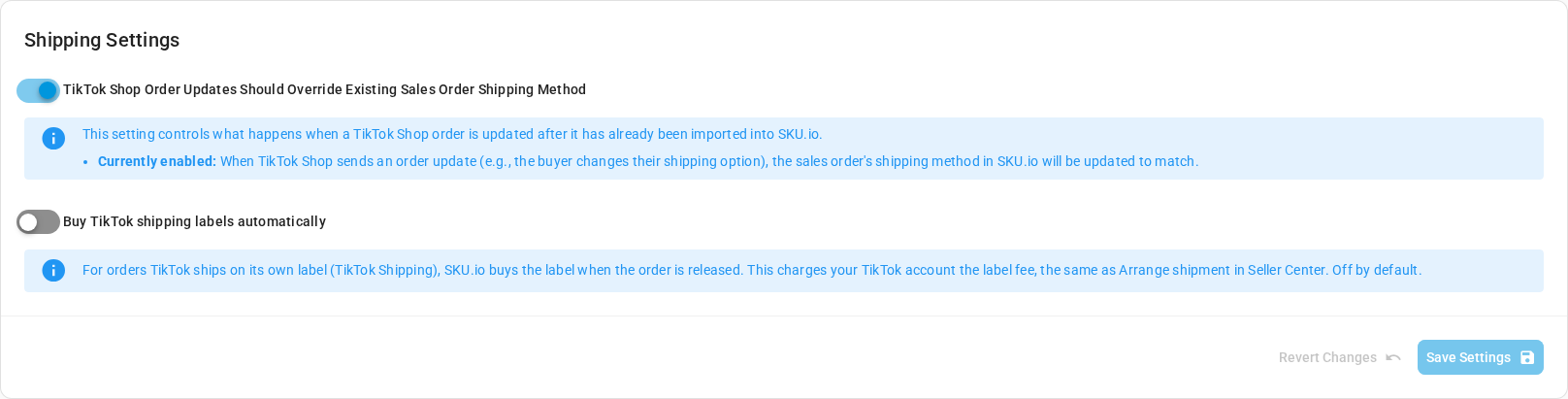 The Shipping Settings card with the Buy TikTok shipping labels automatically switch
