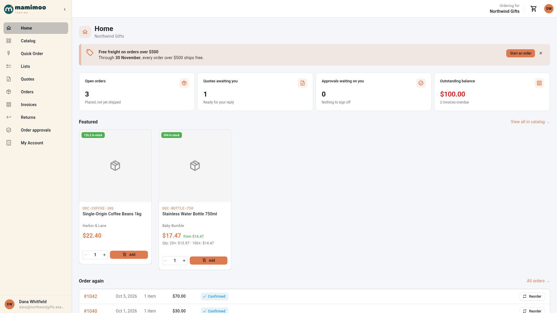 A buyer's Home page with a free-freight announcement, cards for open orders, quotes, approvals and outstanding balance, featured products, and an Order again list with Reorder buttons