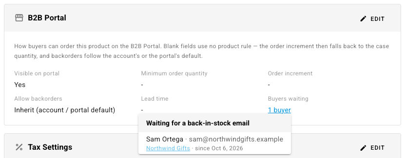 The B2B Portal card with Buyers waiting showing 1 buyer, and the list open on Sam Ortega of Northwind Gifts, waiting since Oct 6, 2026