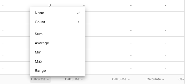 The Calculate menu under a column, with None, Count, Sum, Average, Min, Max and Range