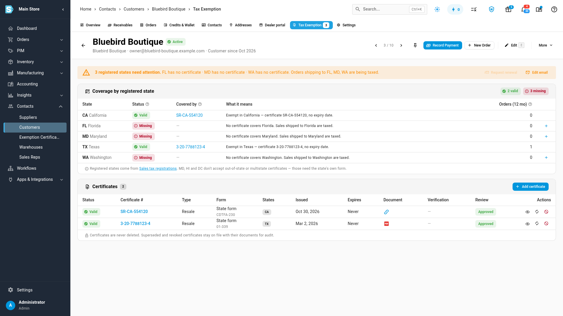 The Tax Exemption tab after saving: California now Valid, covered by the new certificate