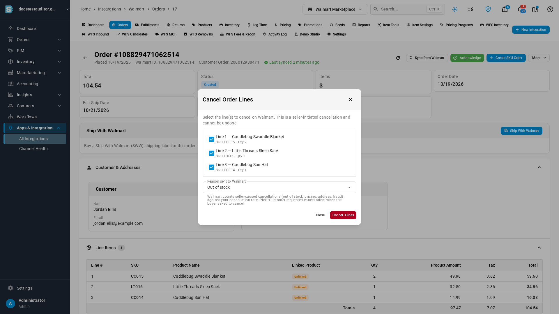 The Cancel Order Lines dialog