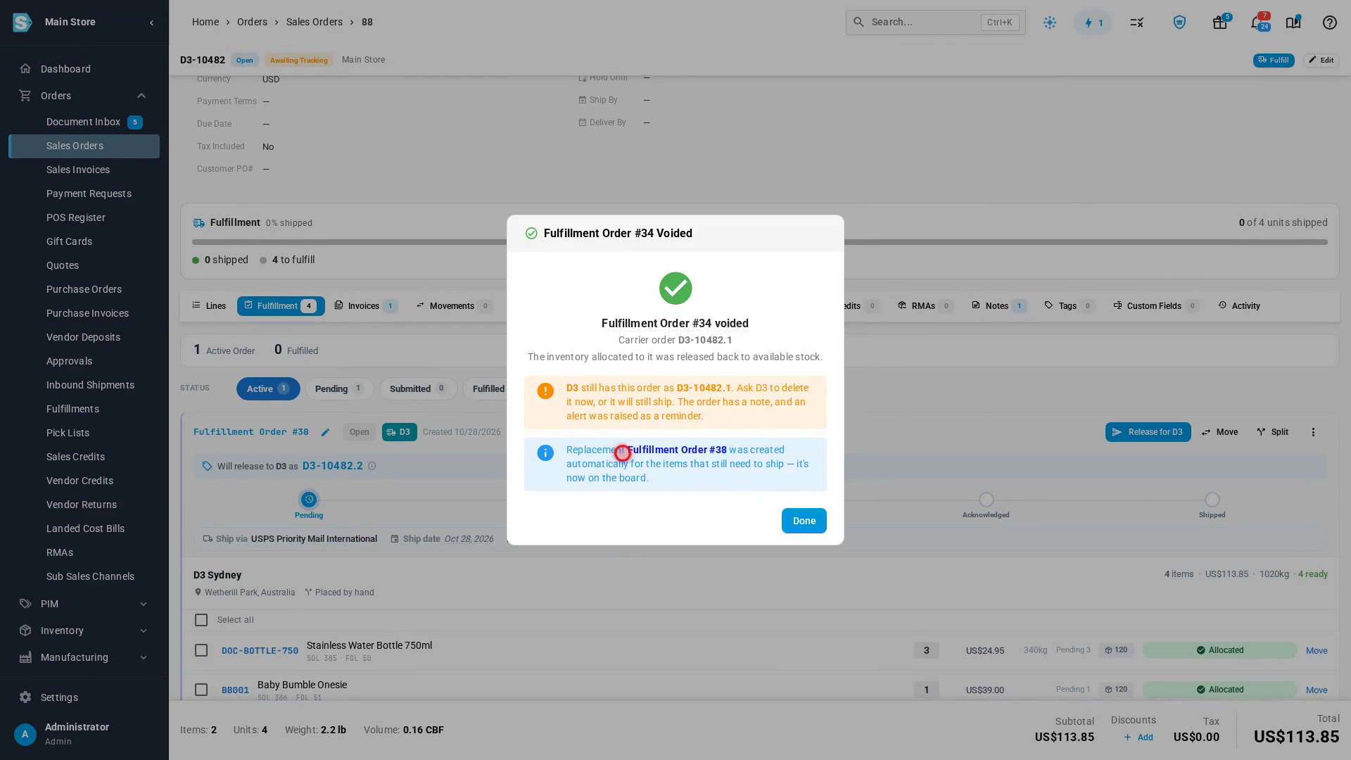 The confirmation: D3 still has this order, ask D3 to delete it now, and the replacement fulfillment order