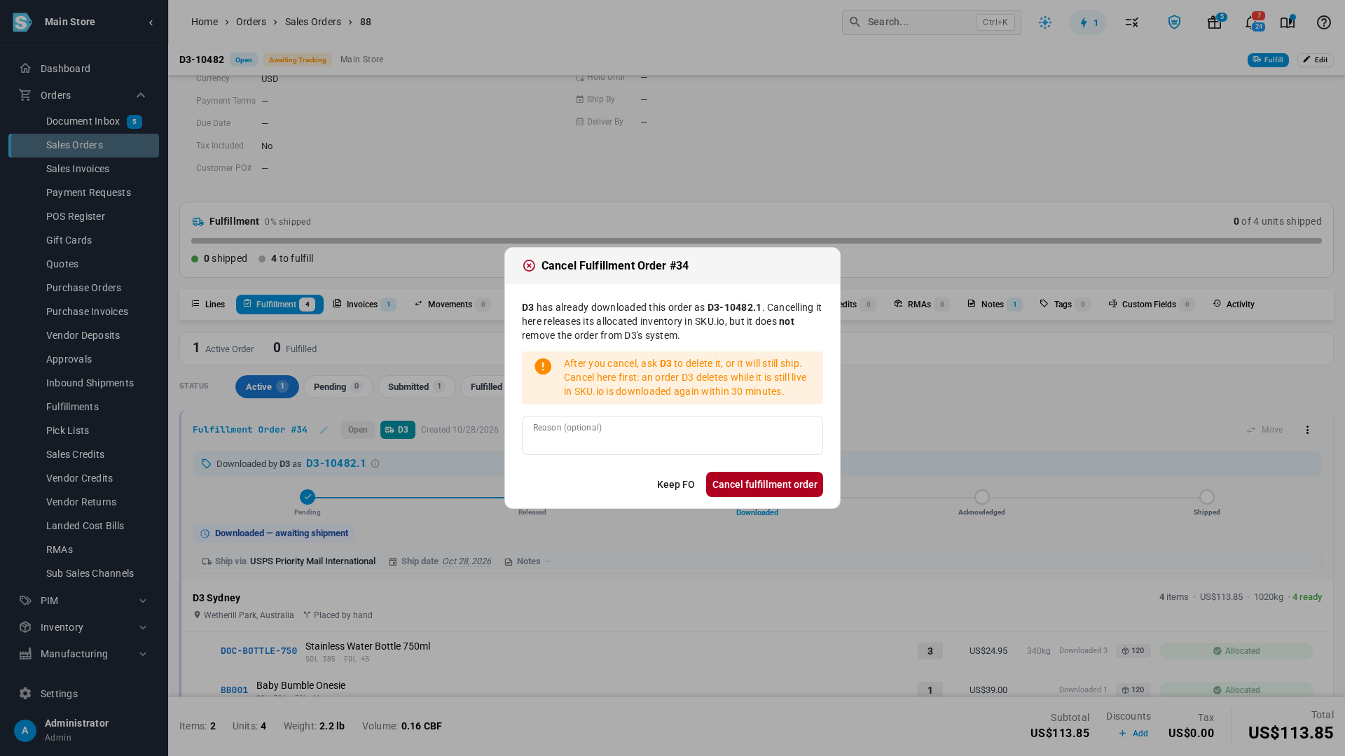 The Cancel Fulfillment Order dialog warning that D3 has already downloaded the order