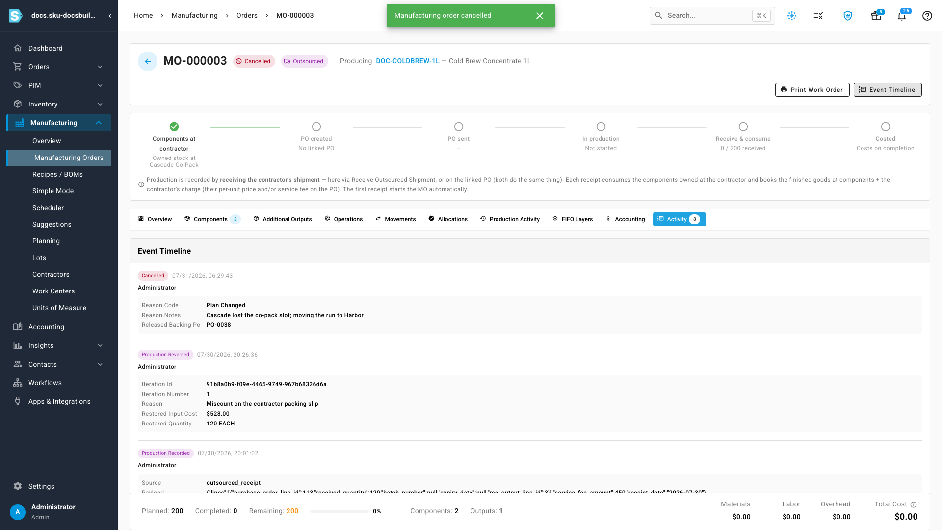 The cancelled Cascade order — its lifecycle strip now reading "No linked PO", with the activity log entry naming PO-0038 as released