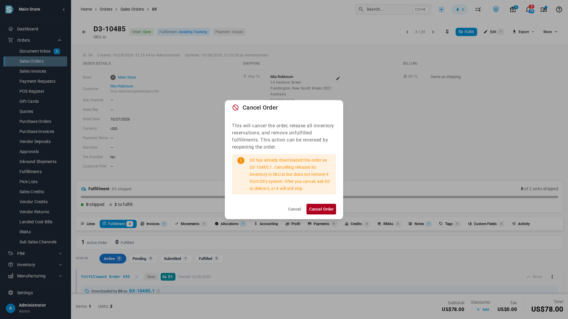 The Cancel Order confirmation with the warning that D3 has already downloaded D3-10485.1