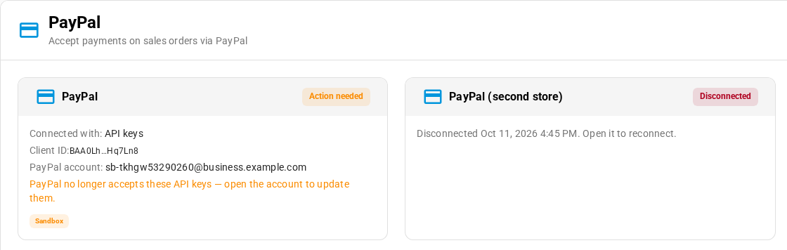 An Action needed card that says PayPal no longer accepts these API keys, next to a Disconnected card that shows when it was disconnected