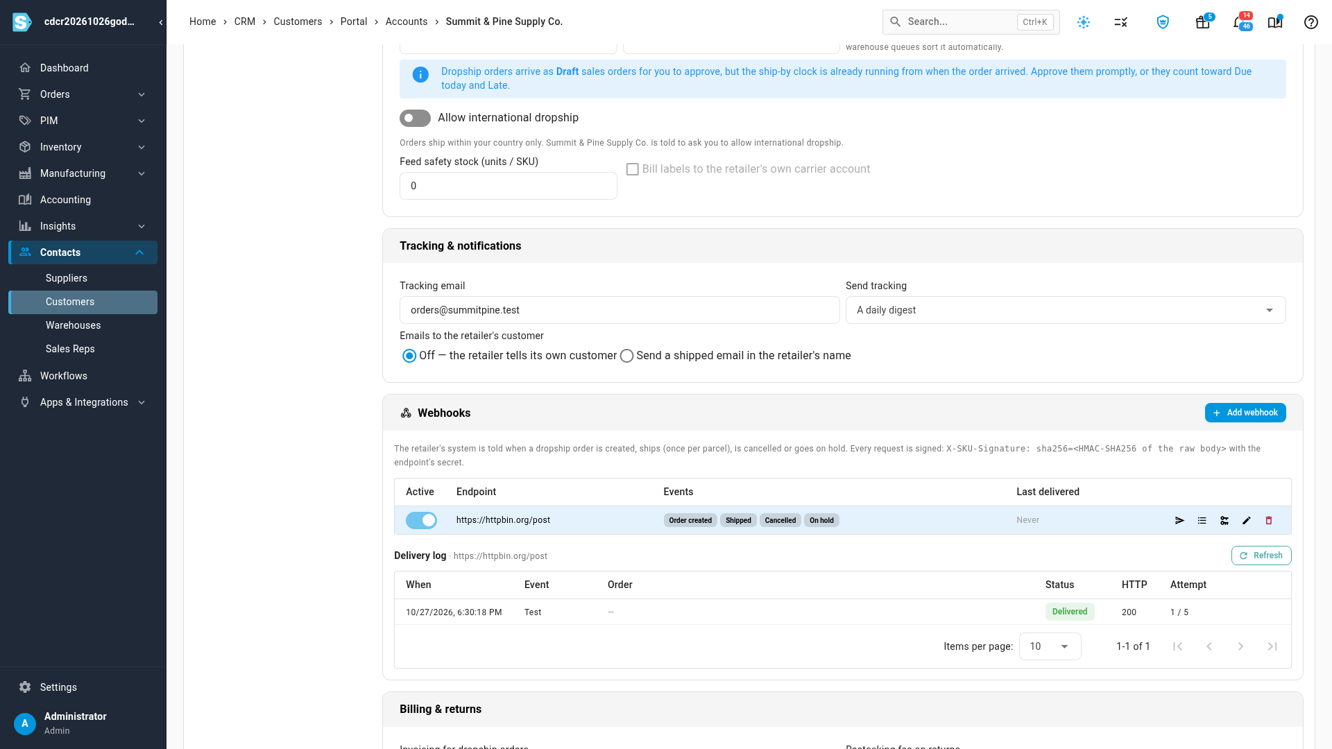 The Webhooks card with an active webhook and its delivery log