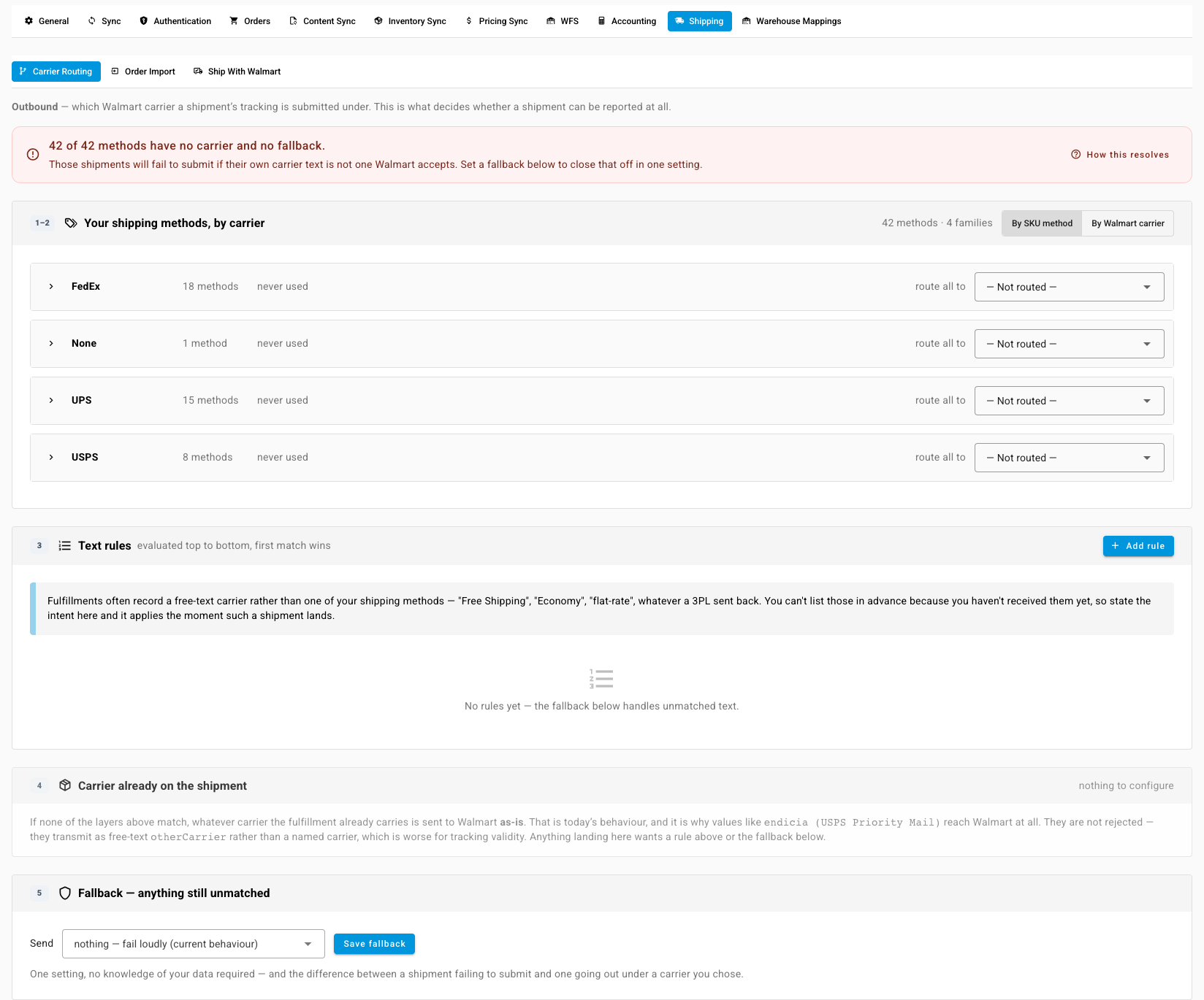 The Carrier Routing tab with the status banner, carrier families, text rules, and the fallback