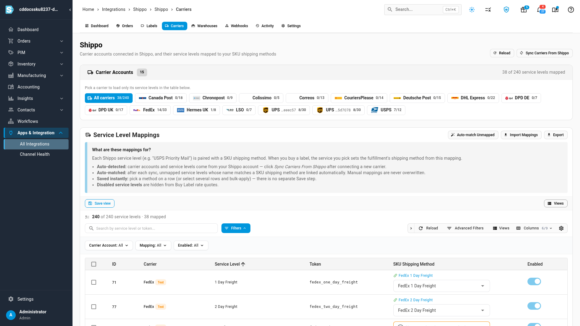 Shippo carrier accounts and their service levels mapped to SKU.io shipping methods