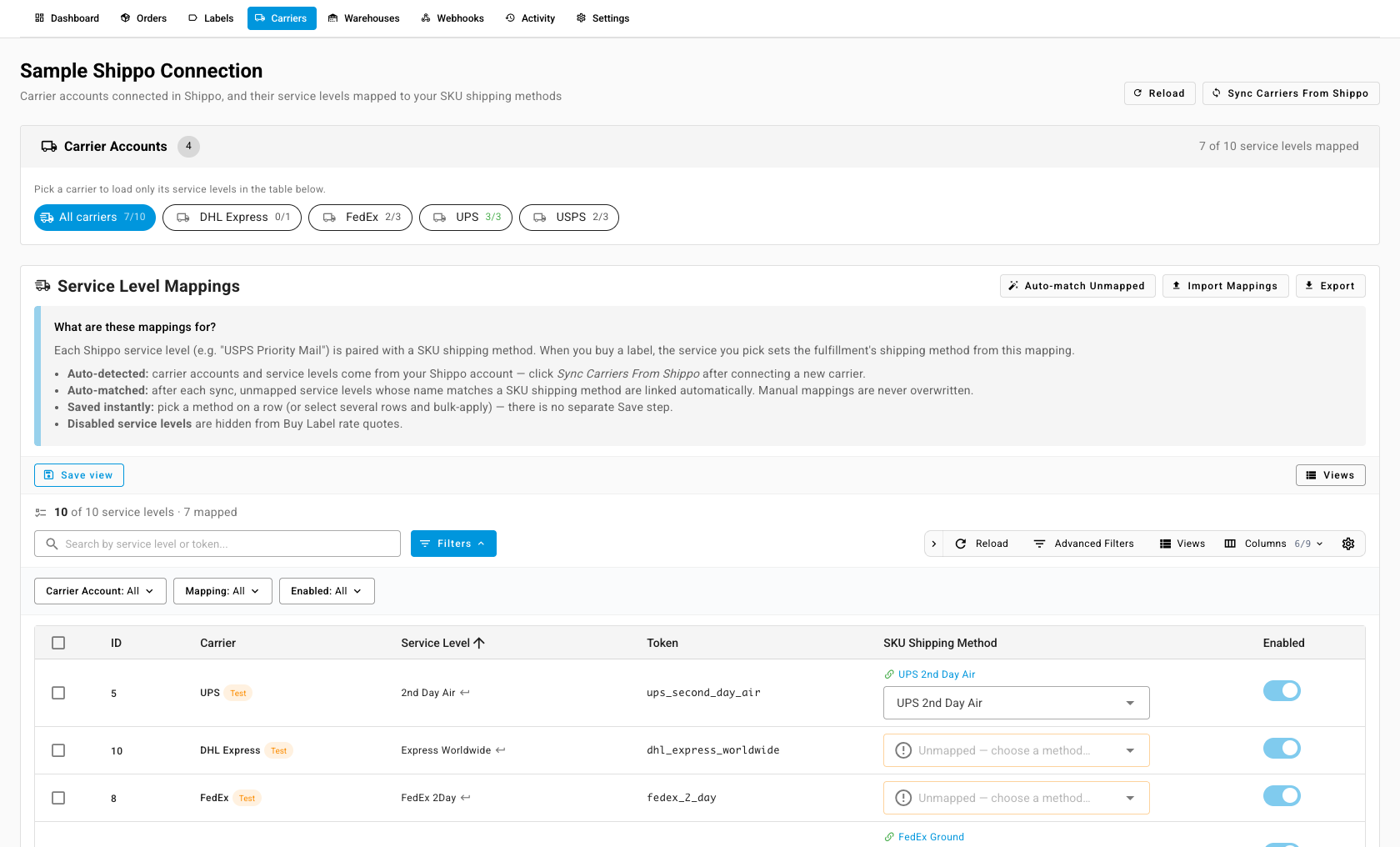 The Carriers tab: carrier accounts with mapped counts, and the Service Level Mappings table