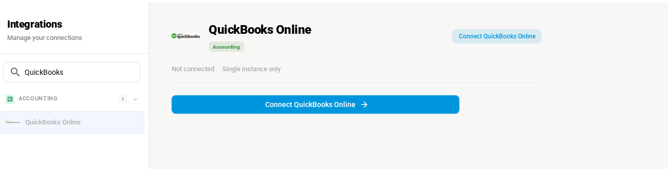 QuickBooks Online under Apps & Integrations, not connected yet, with the Connect QuickBooks Online button