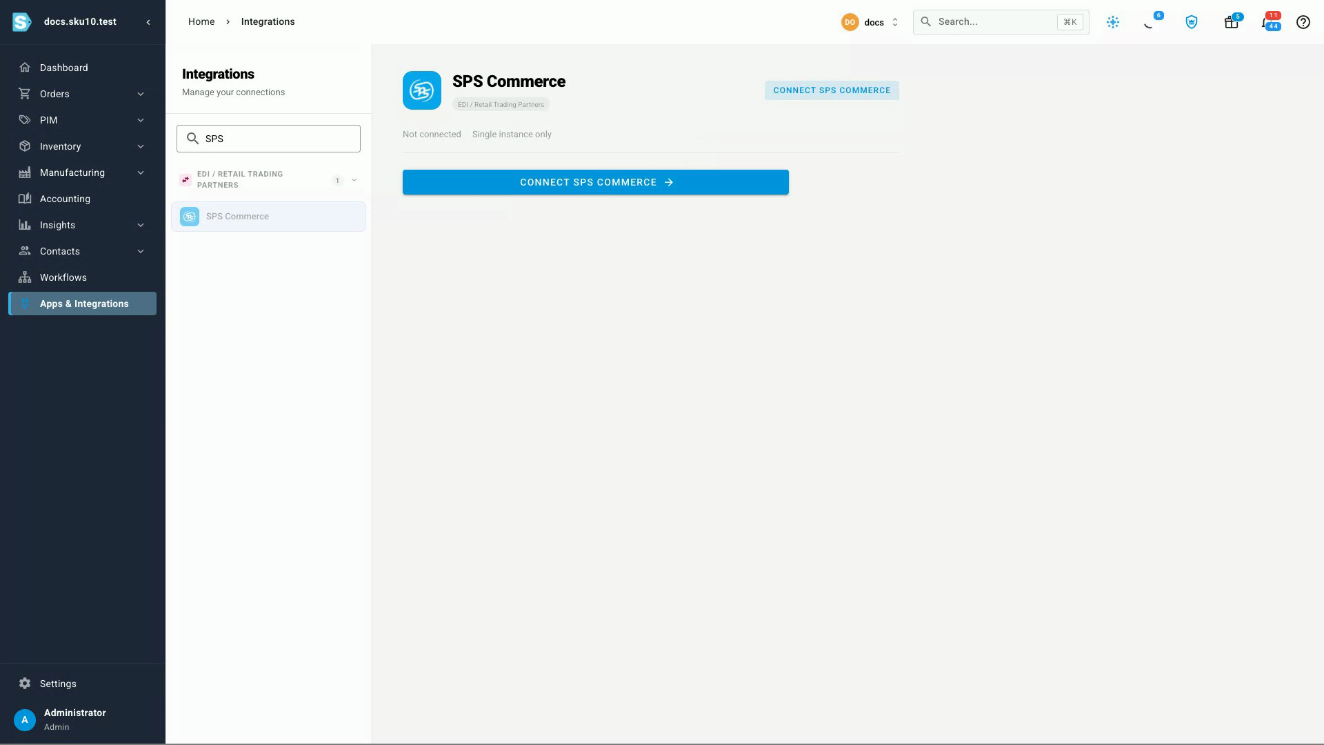 The SPS Commerce card under EDI / Retail Trading Partners