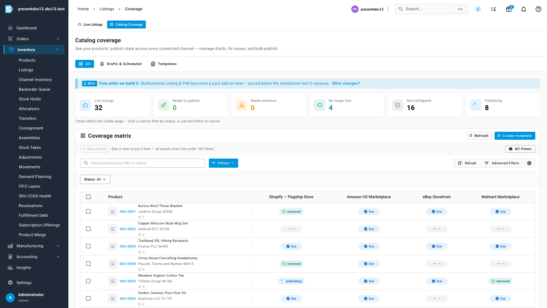 The Catalog Coverage matrix showing each product's publish status across four channels, with summary cards for live, publishing, and not-configured listings