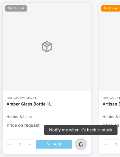 A catalog card for Amber Glass Bottle 1L marked Out of stock, with Add unavailable and the tooltip Notify me when it's back in stock over the bell button