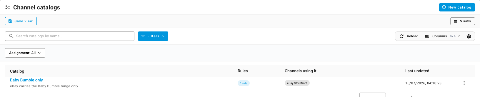 The Channel catalogs list with one catalog, its rule count and its channel