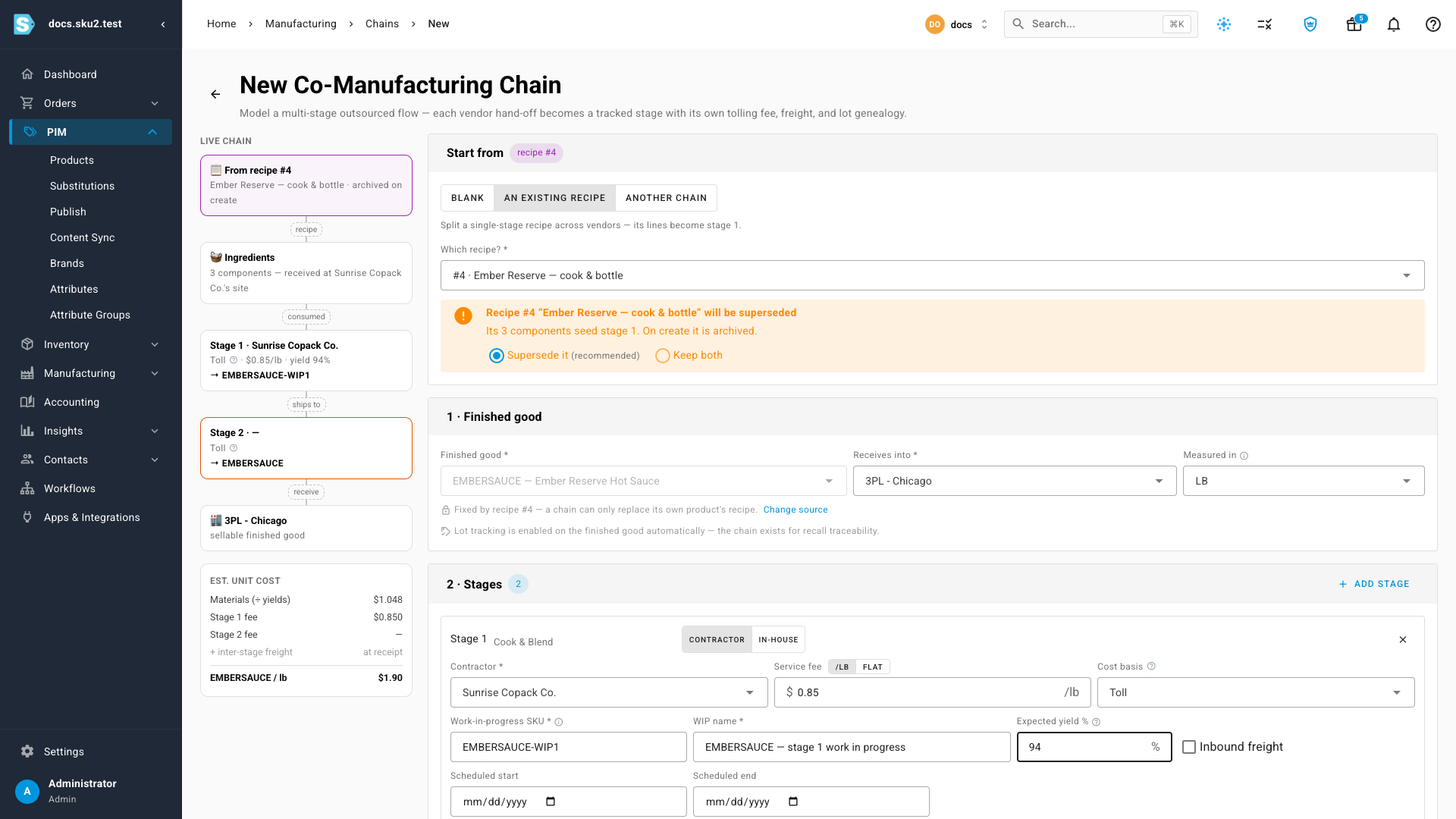 The co-manufacturing chain builder, showing stage one with its contractor, per-pound tolling rate, expected yield, and the running unit-cost estimate