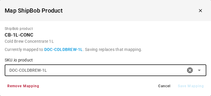 The Map ShipBob Product dialog for a mapped product