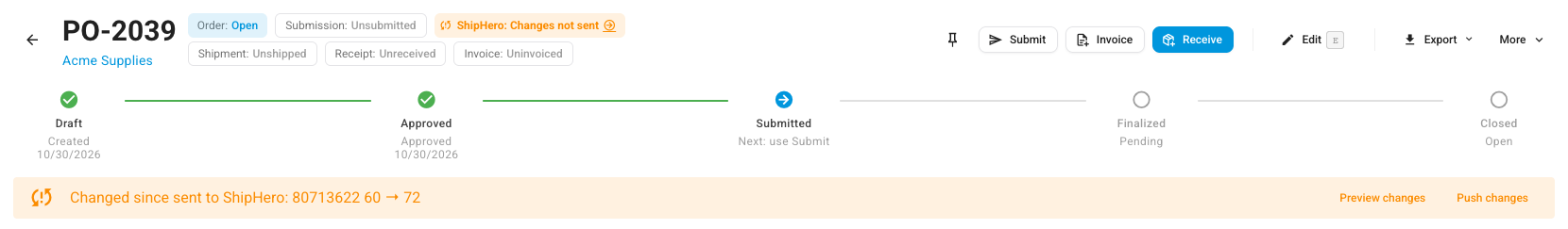 A purchase order with the Changed since sent to ShipHero banner and its Push changes button