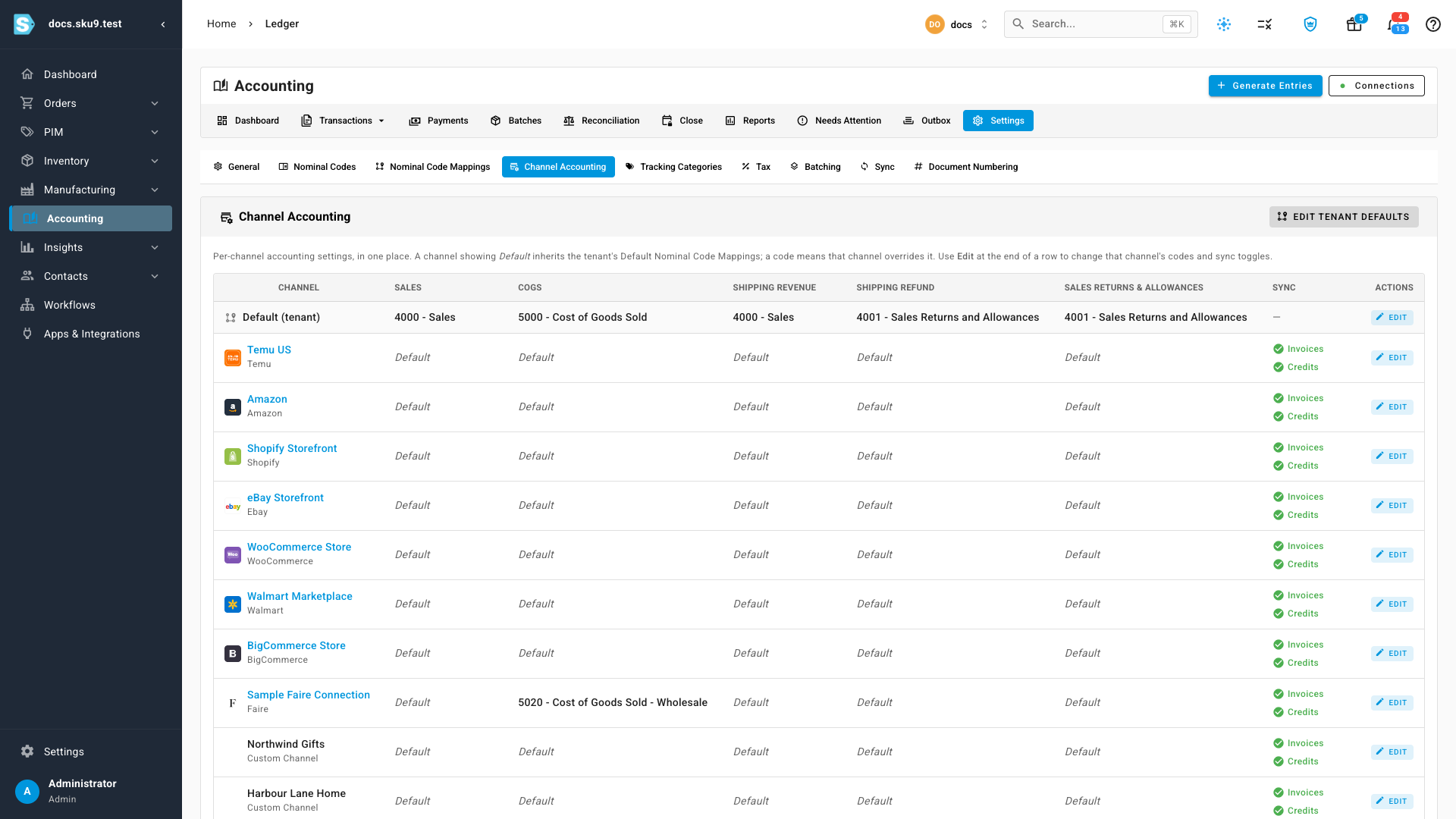 The Channel Accounting matrix with one row per sales channel