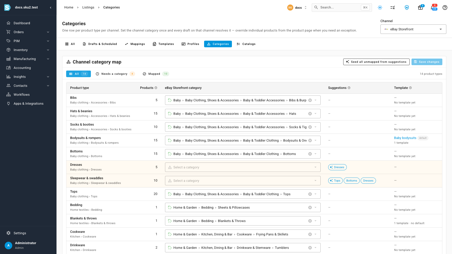The channel category map for a sales channel, showing the All, Needs a category and Mapped tabs with category pickers and suggestions